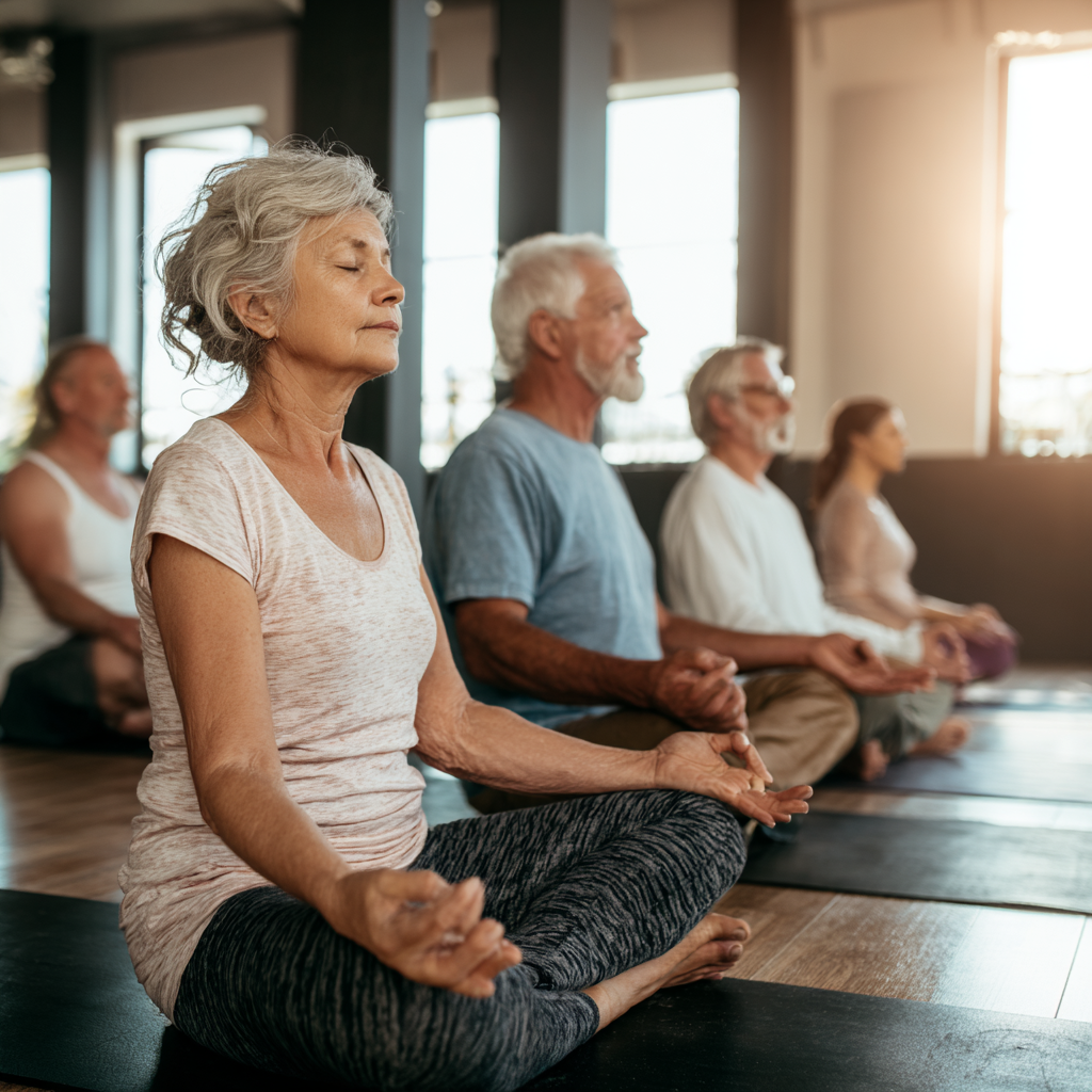 Older adults practicing yoga together in peaceful group setting with natural lighting